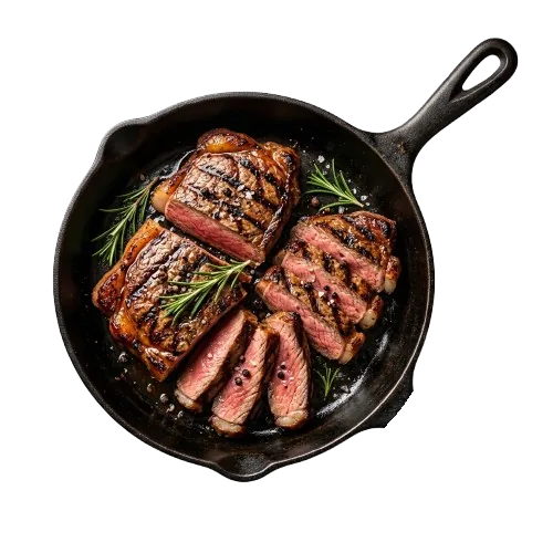Panela de ferro fundido com carne grelhada premium